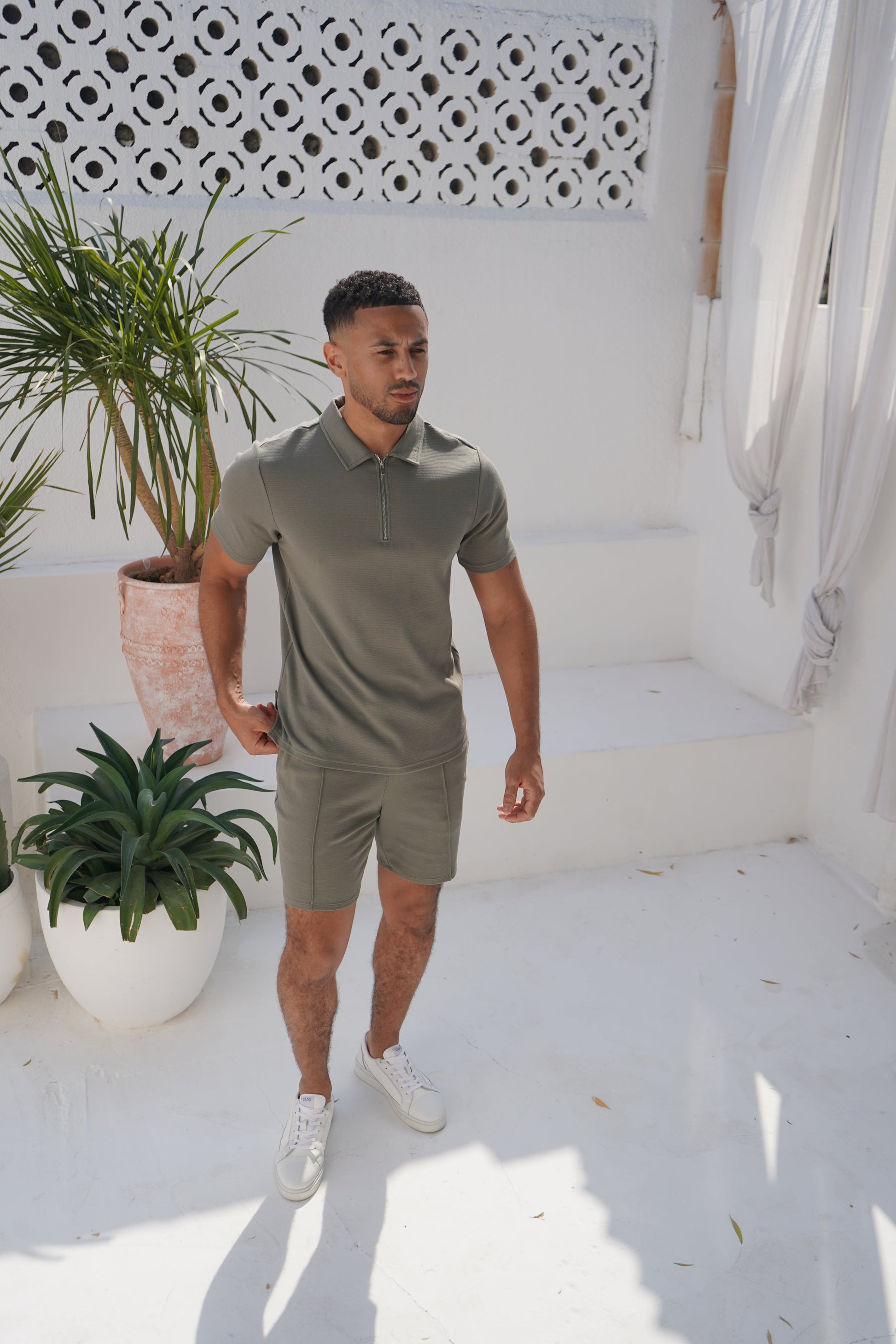 CAPO Textured Light Olive Polo Zip-Up Shirt