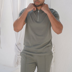 CAPO Textured Light Olive Polo Zip-Up Shirt