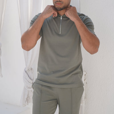 CAPO Textured Light Olive Polo Zip-Up Shirt