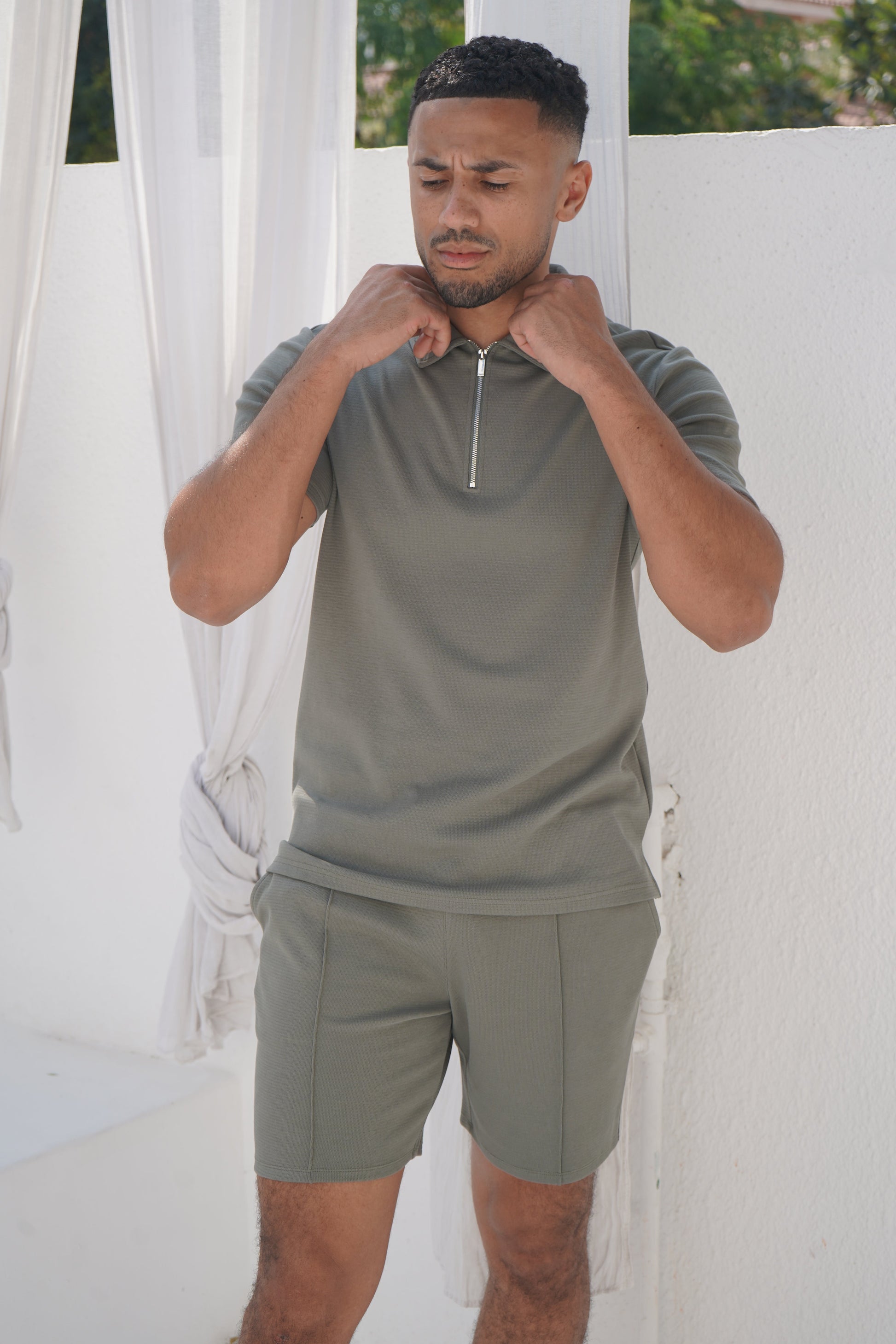 CAPO Textured Light Olive Polo Zip-Up Shirt