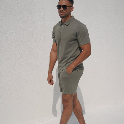 CAPO Textured Light Olive Polo Zip-Up Shirt
