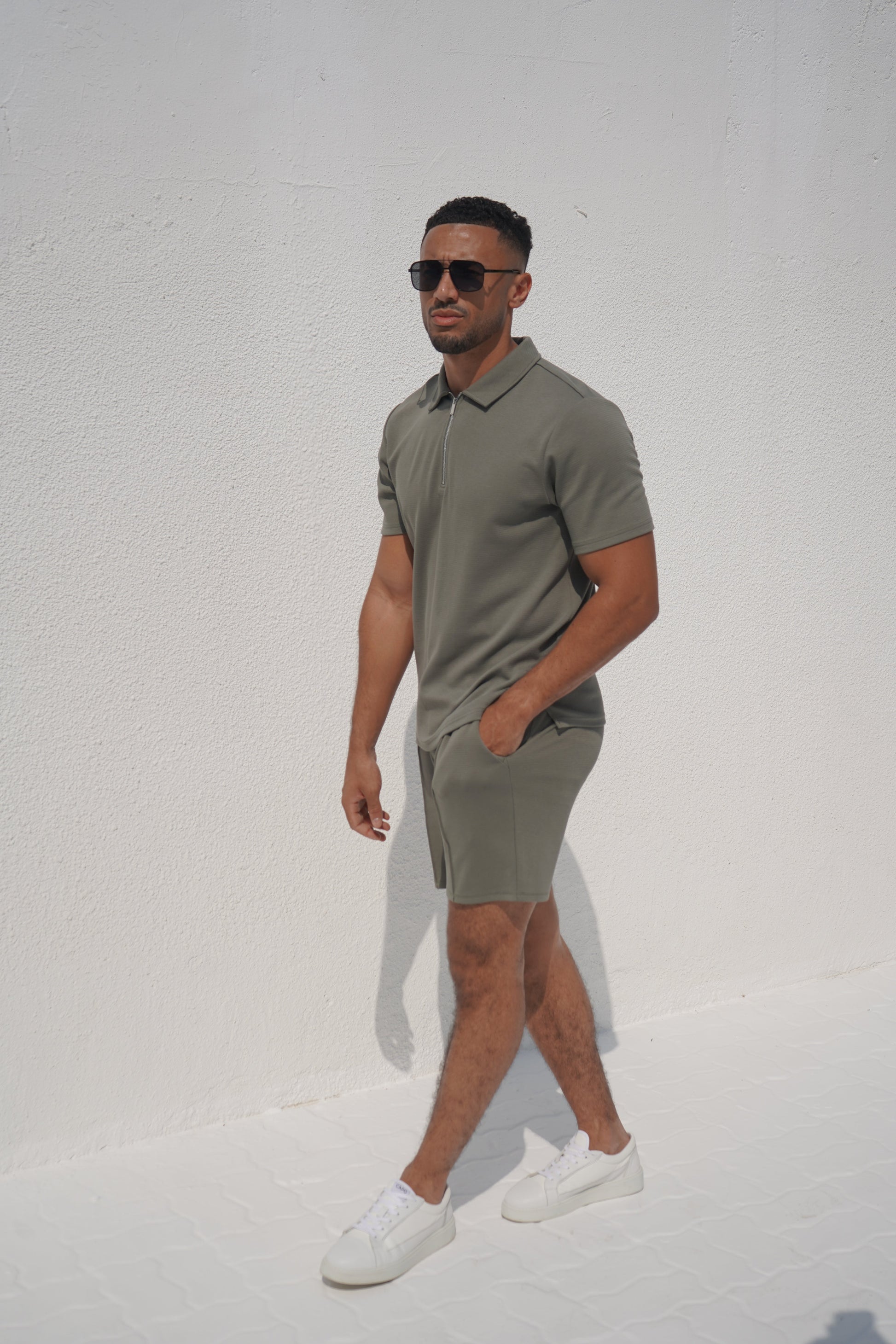CAPO Textured Light Olive Polo Zip-Up Shirt