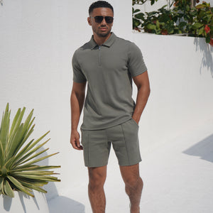 CAPO Textured Light Olive Polo Zip-Up Shirt