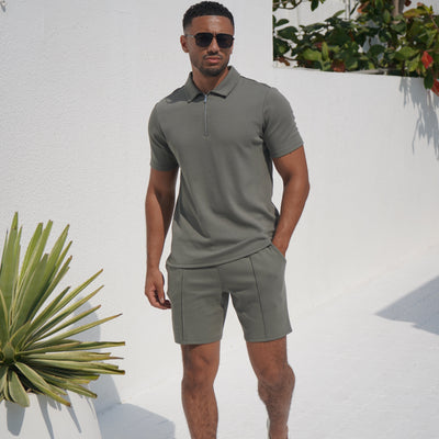 CAPO Textured Light Olive Polo Zip-Up Shirt