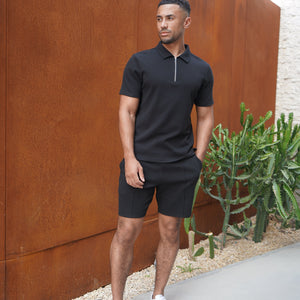 CAPO Textured Black Zip-Up Polo Shirt