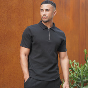 CAPO Textured Black Zip-Up Polo Shirt