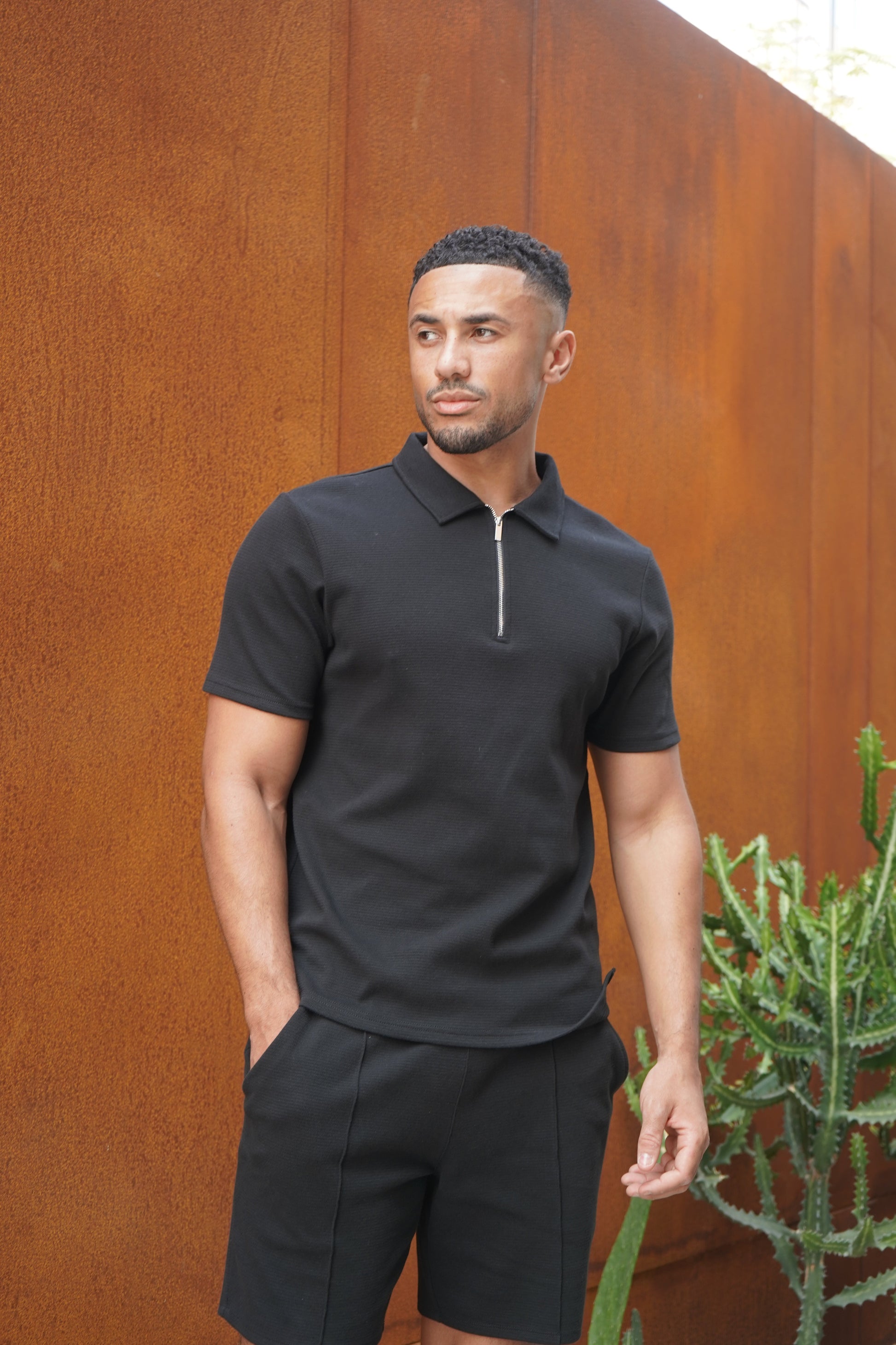 CAPO Textured Black Zip-Up Polo Shirt