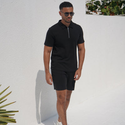 CAPO Textured Black Zip-Up Polo Shirt