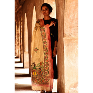 Beige - Madhubani Cotton Ram Sita Vivah Handpainted Dupatta