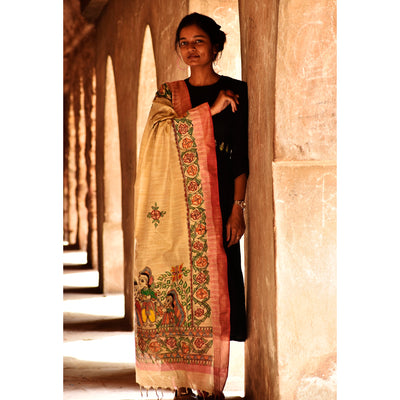 Beige - Madhubani Cotton Ram Sita Vivah Handpainted Dupatta