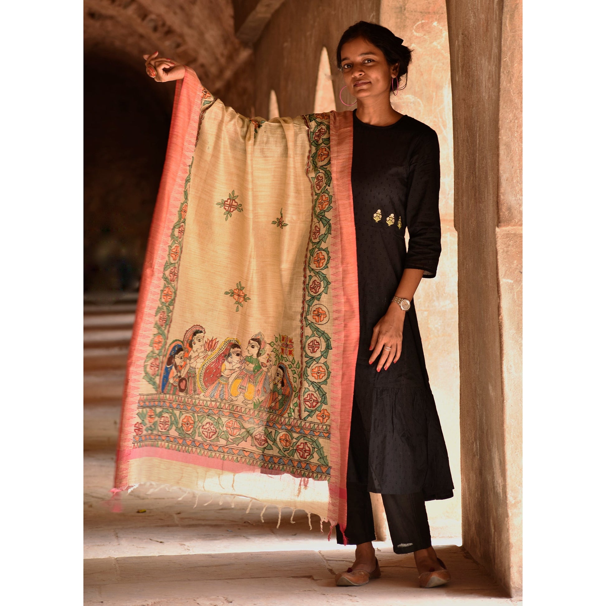 Beige - Madhubani Cotton Ram Sita Vivah Handpainted Dupatta