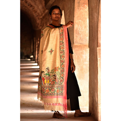 Beige - Madhubani Cotton Ram Sita Vivah Handpainted Dupatta