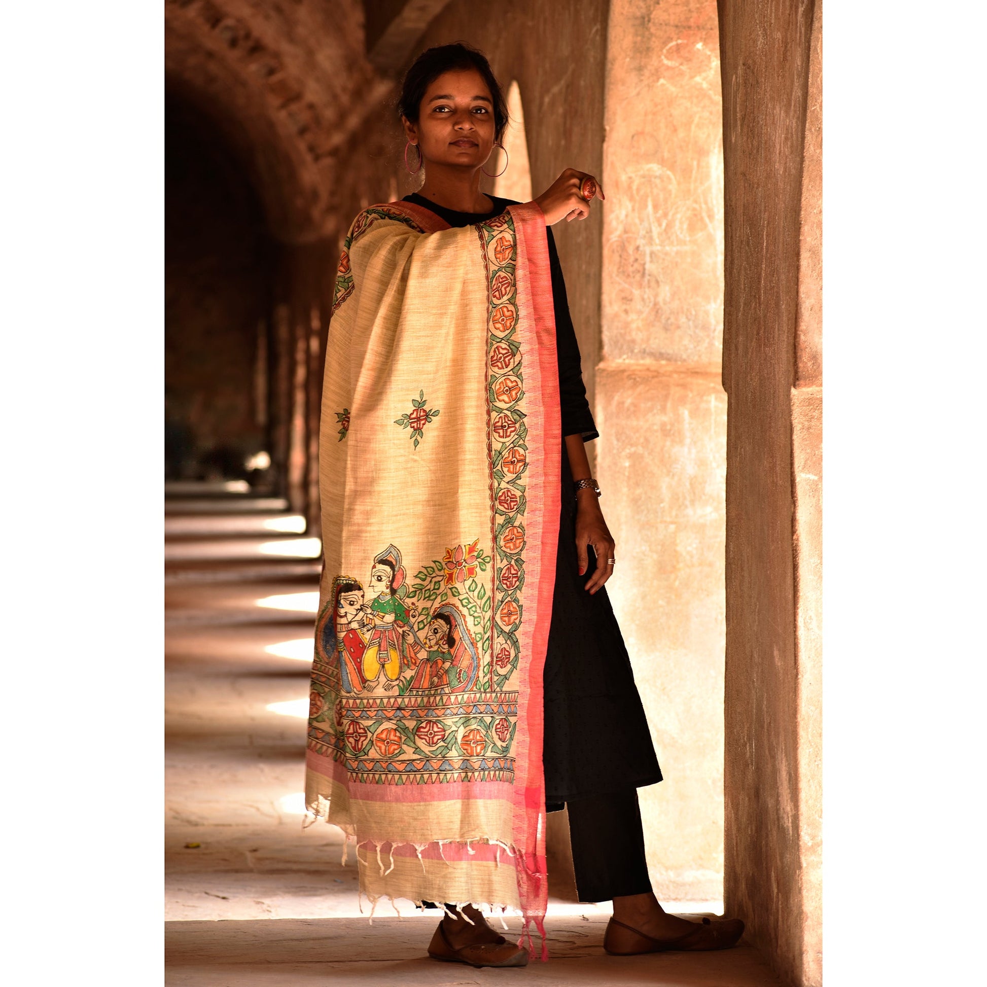 Beige - Madhubani Cotton Ram Sita Vivah Handpainted Dupatta