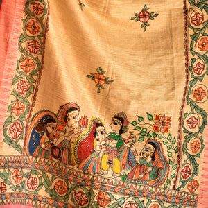 Beige - Madhubani Cotton Ram Sita Vivah Handpainted Dupatta