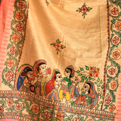 Beige - Madhubani Cotton Ram Sita Vivah Handpainted Dupatta