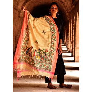 Beige - Madhubani Cotton Ram Sita Vivah Handpainted Dupatta