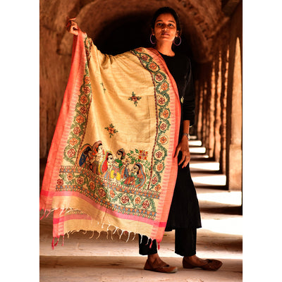 Beige - Madhubani Cotton Ram Sita Vivah Handpainted Dupatta