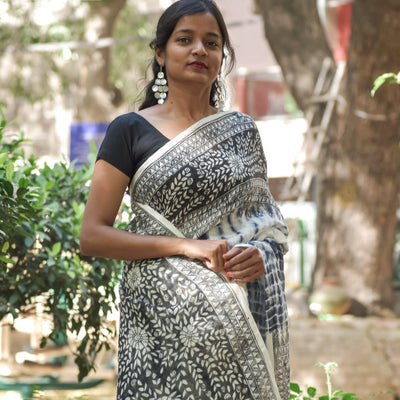 Black - Madhubani Handpainted Floral Handapainted Linen Saree