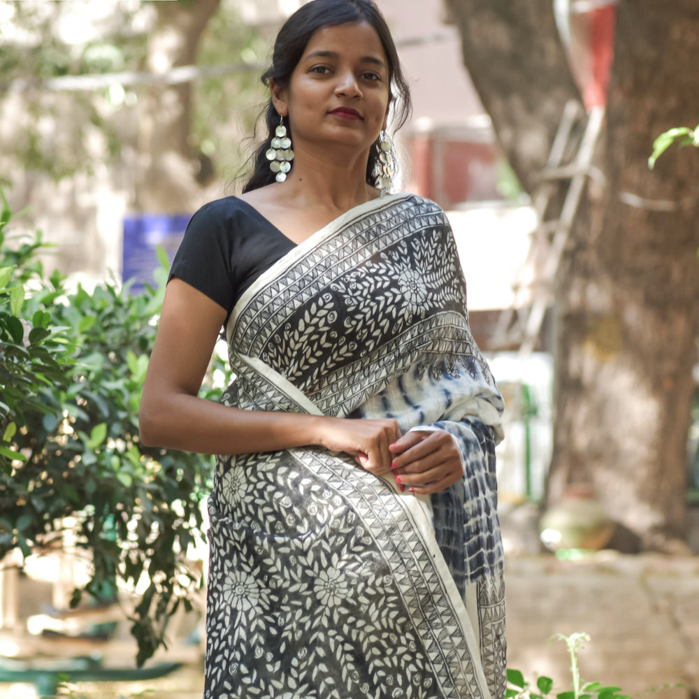 Black - Madhubani Handpainted Floral Handapainted Linen Saree