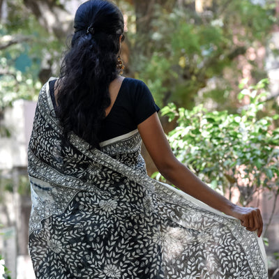 Black - Madhubani Handpainted Floral Handapainted Linen Saree