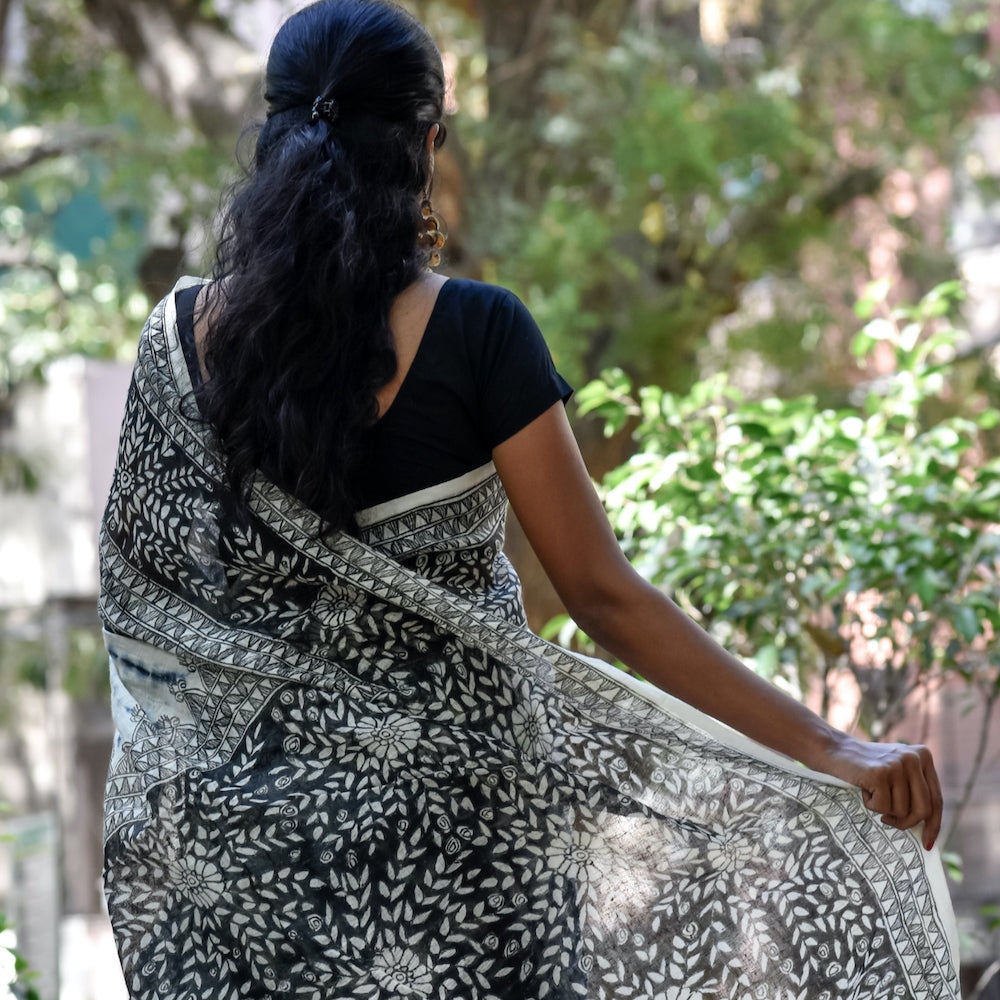 Black - Madhubani Handpainted Floral Handapainted Linen Saree