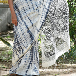Black - Madhubani Handpainted Floral Handapainted Linen Saree