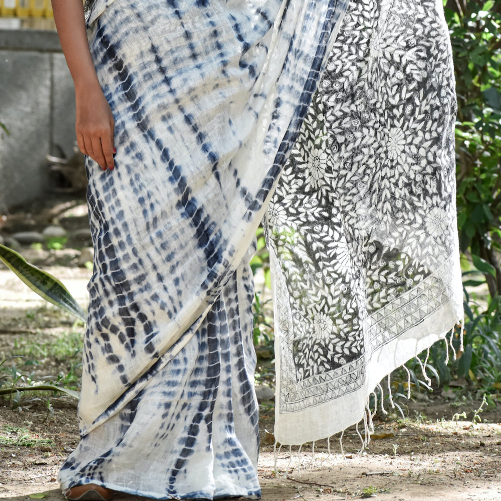 Black - Madhubani Handpainted Floral Handapainted Linen Saree