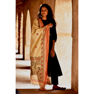Beige - Madhubani Handpainted Black-Red Cotton Dupatta