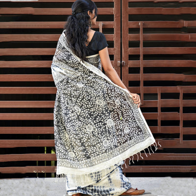 Black - Madhubani Handpainted Floral Handapainted Linen Saree