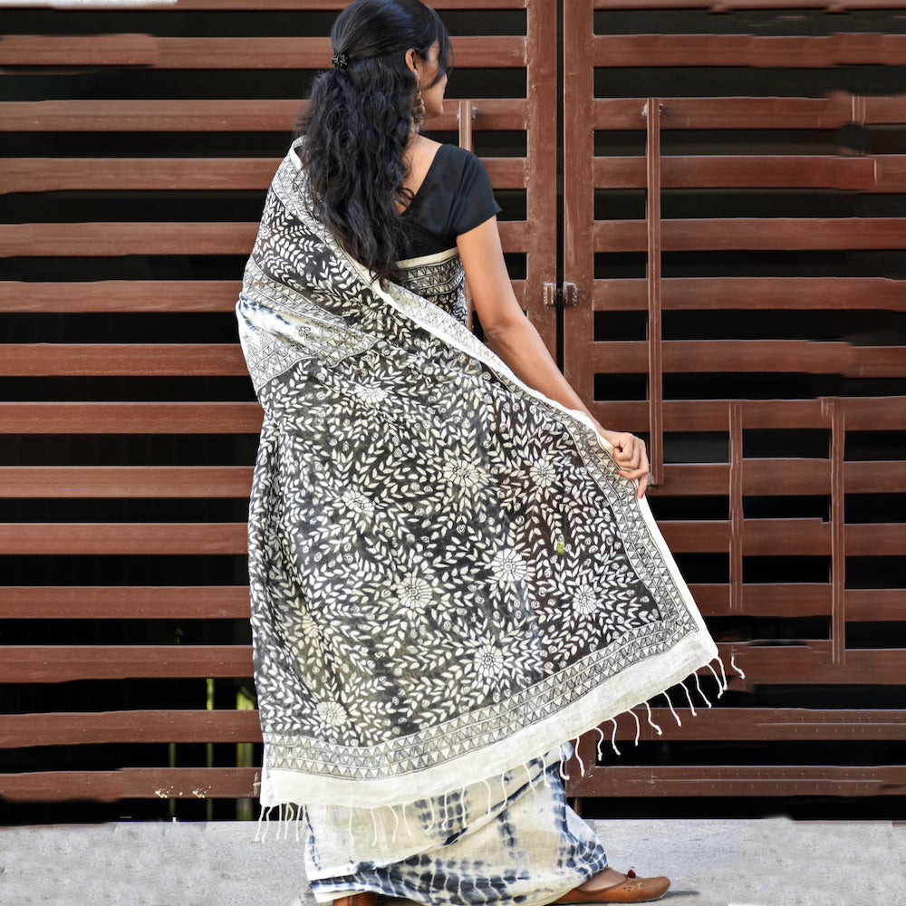 Black - Madhubani Handpainted Floral Handapainted Linen Saree