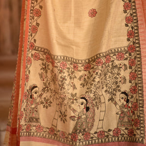 Beige - Madhubani Handpainted Black-Red Cotton Dupatta