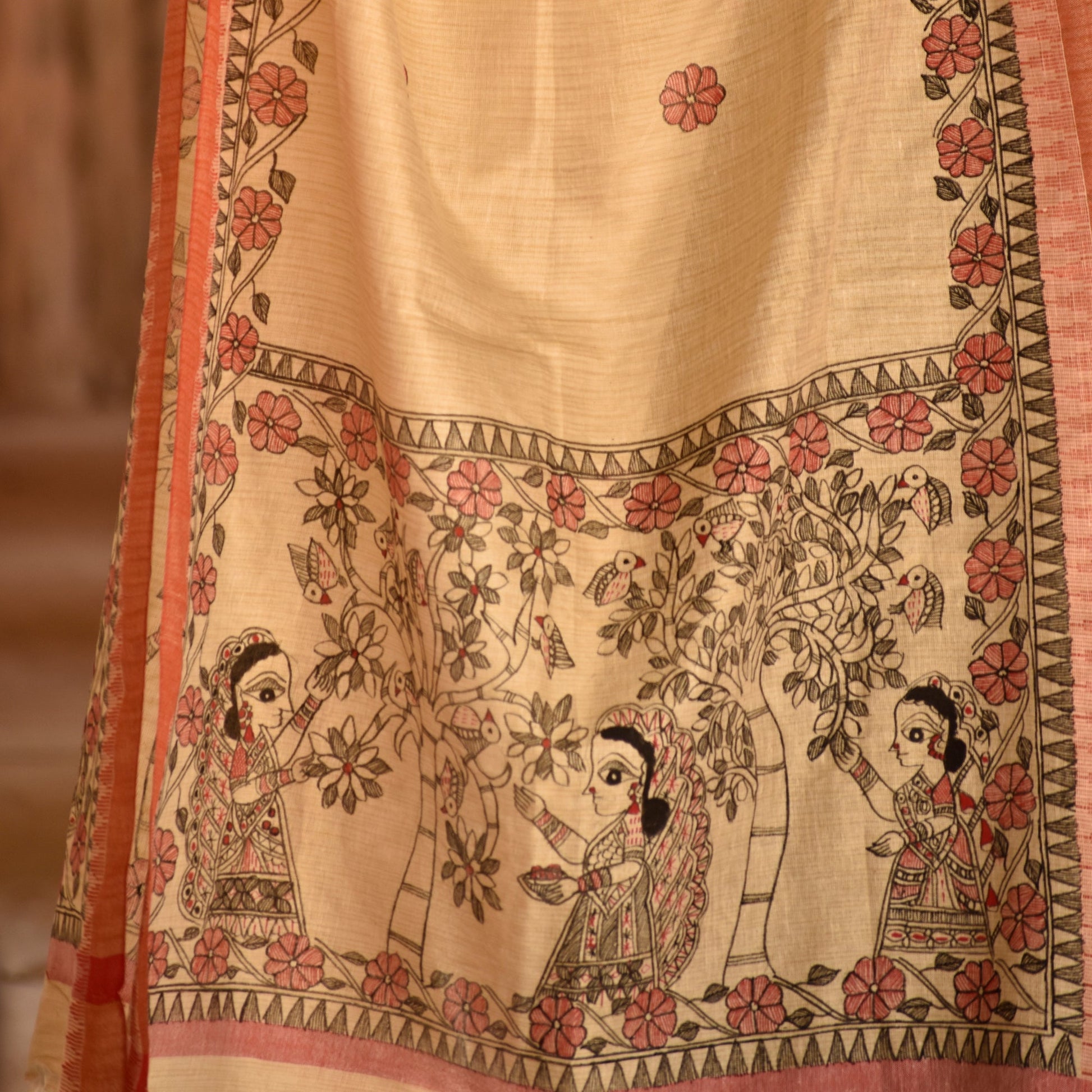 Beige - Madhubani Handpainted Black-Red Cotton Dupatta