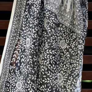 Black - Madhubani Handpainted Floral Handapainted Linen Saree