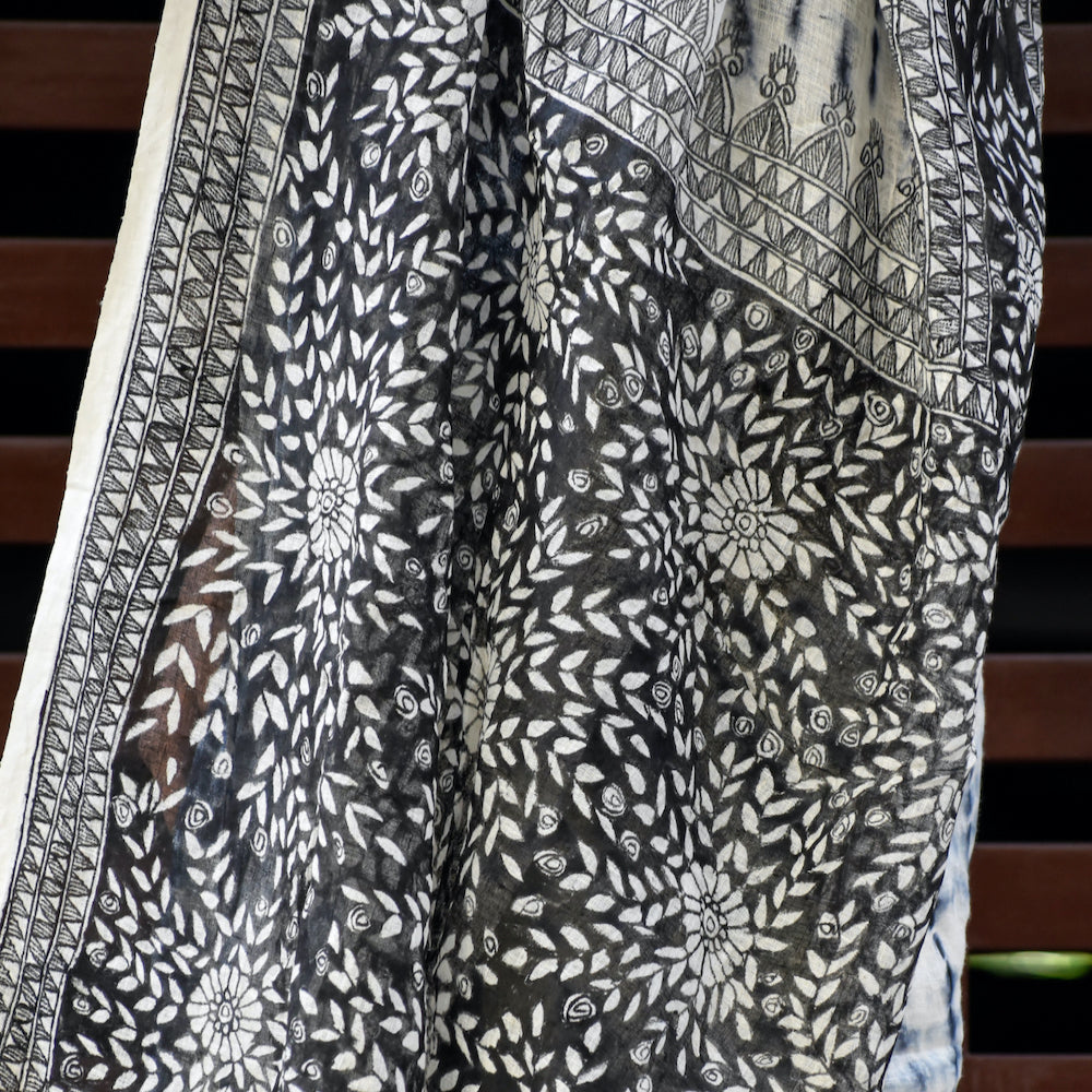 Black - Madhubani Handpainted Floral Handapainted Linen Saree