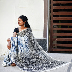 Black - Madhubani Handpainted Floral Handapainted Linen Saree