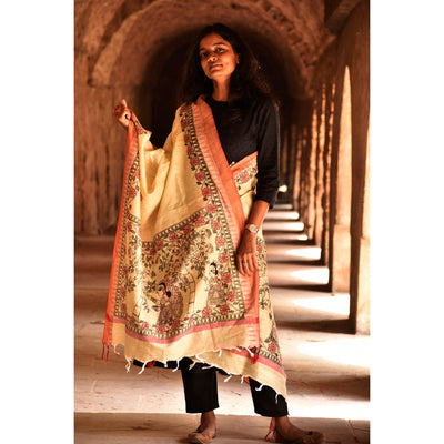 Beige - Madhubani Handpainted Black-Red Cotton Dupatta