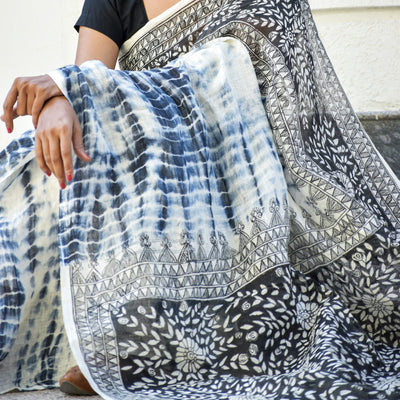 Black - Madhubani Handpainted Floral Handapainted Linen Saree