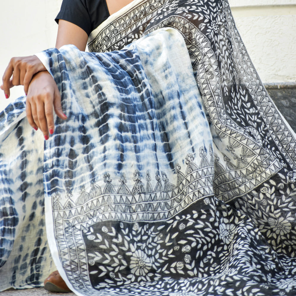 Black - Madhubani Handpainted Floral Handapainted Linen Saree