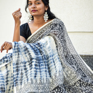 Black - Madhubani Handpainted Floral Handapainted Linen Saree