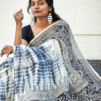 Black - Madhubani Handpainted Floral Handapainted Linen Saree