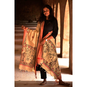 Beige - Madhubani Handpainted Black-Red Cotton Dupatta