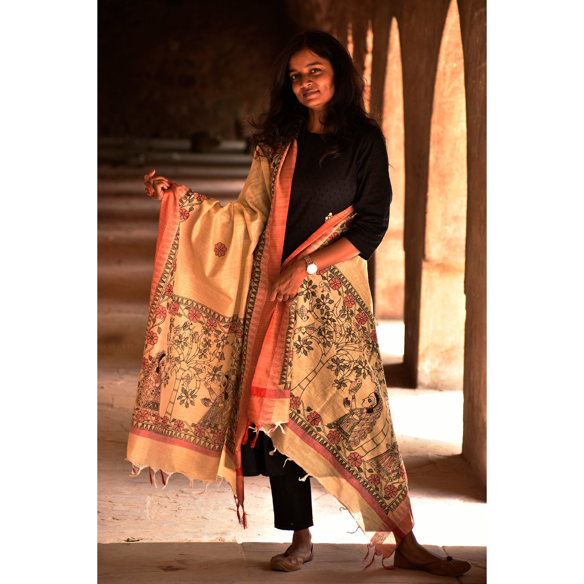 Beige - Madhubani Handpainted Black-Red Cotton Dupatta