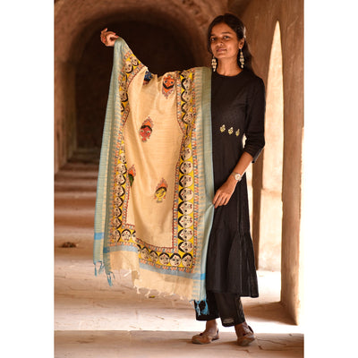 Beige - Madhubani Hand-Painted Durga Face Cotton Dupatta