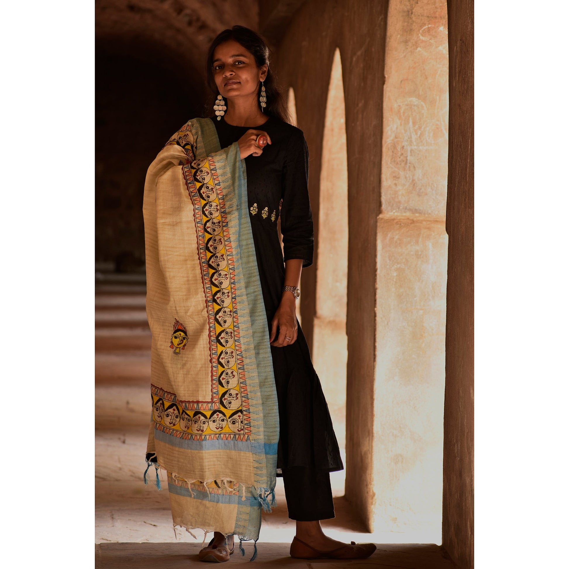 Beige - Madhubani Hand-Painted Durga Face Cotton Dupatta