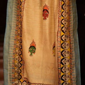Beige - Madhubani Hand-Painted Durga Face Cotton Dupatta