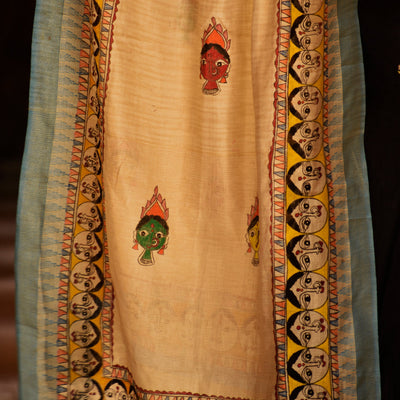 Beige - Madhubani Hand-Painted Durga Face Cotton Dupatta