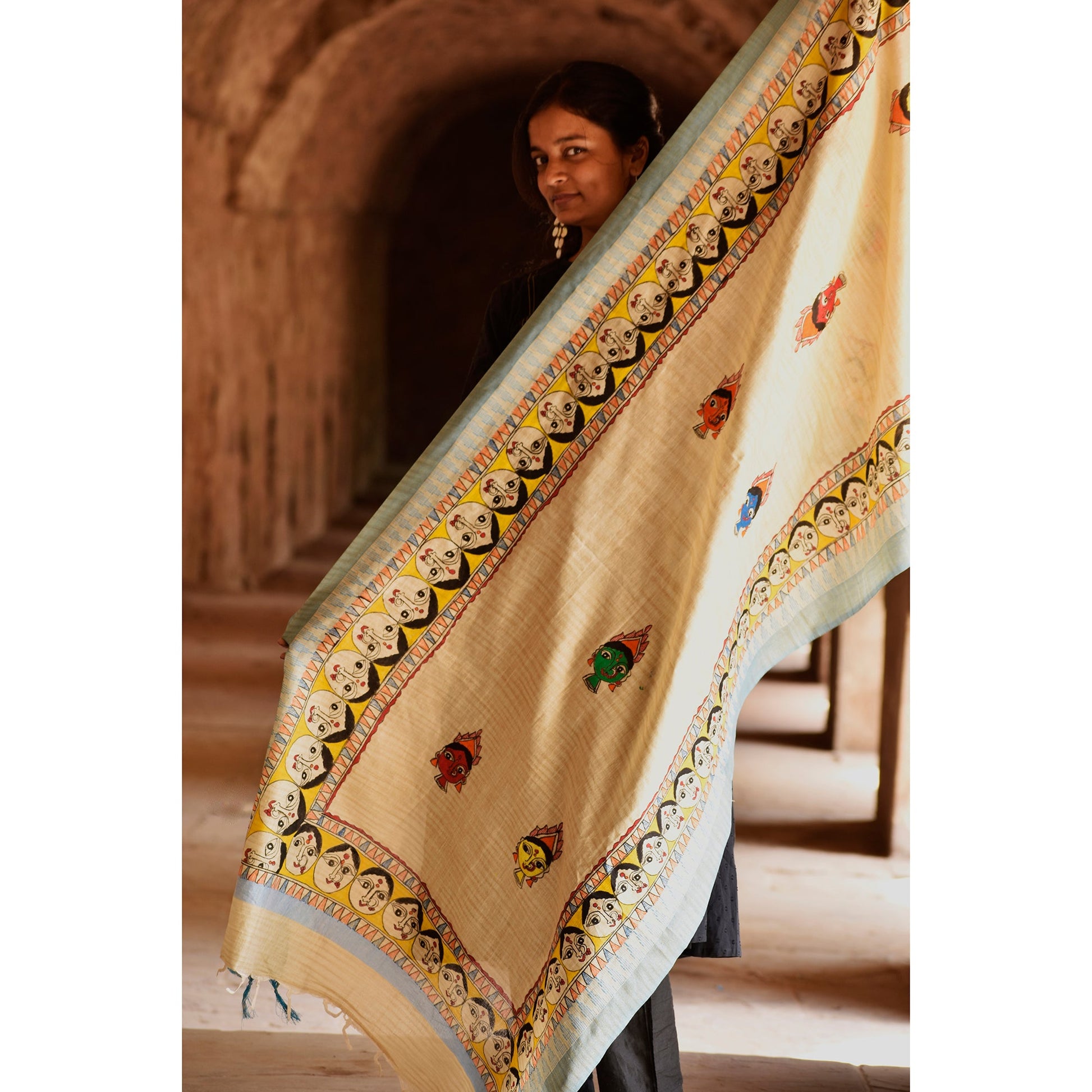 Beige - Madhubani Hand-Painted Durga Face Cotton Dupatta