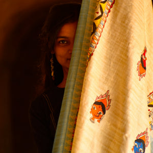 Beige - Madhubani Hand-Painted Durga Face Cotton Dupatta