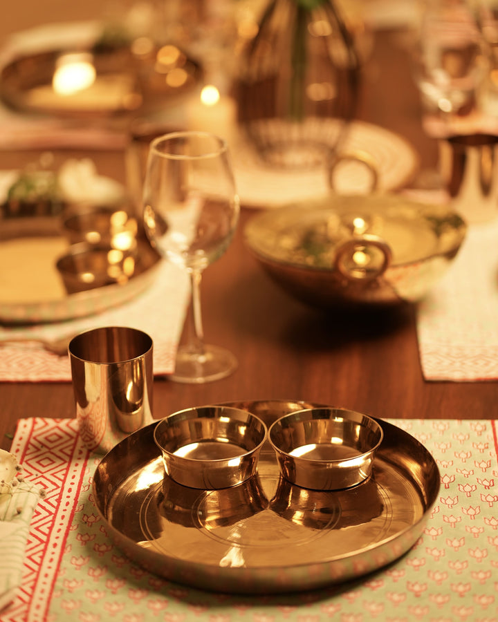 Kansa Dinner Thaali Set (Thaali -13.5") - 8 pieces set (1 pc Thaali, 5 pieces bowls, 1 pc glass, 1 pc spoon)