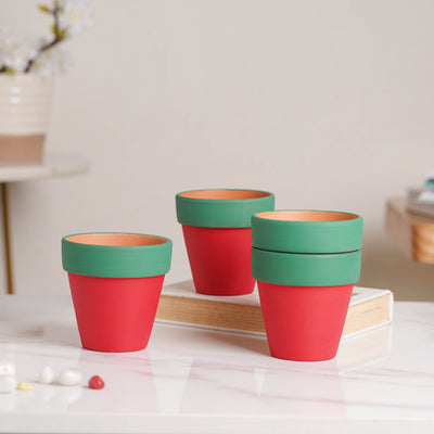 Green Rim Red Clay Pot Set Of 4